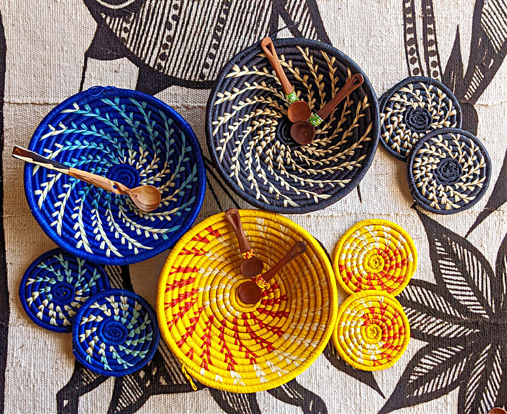 Blue White Woven African Wall Storage Baskets Set of 2