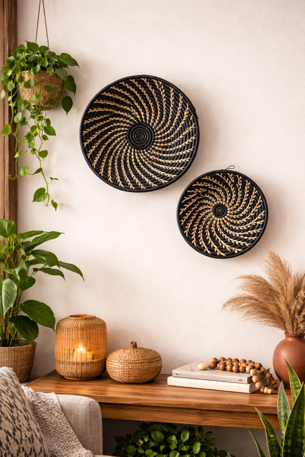 Black White Woven African Wall Storage Baskets Set of 2