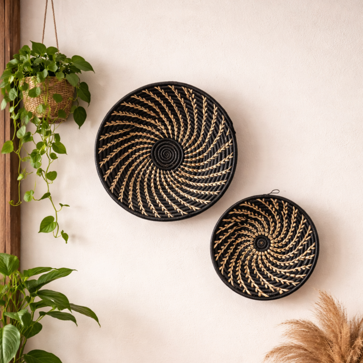 Black White Woven African Wall Storage Baskets Set of 2