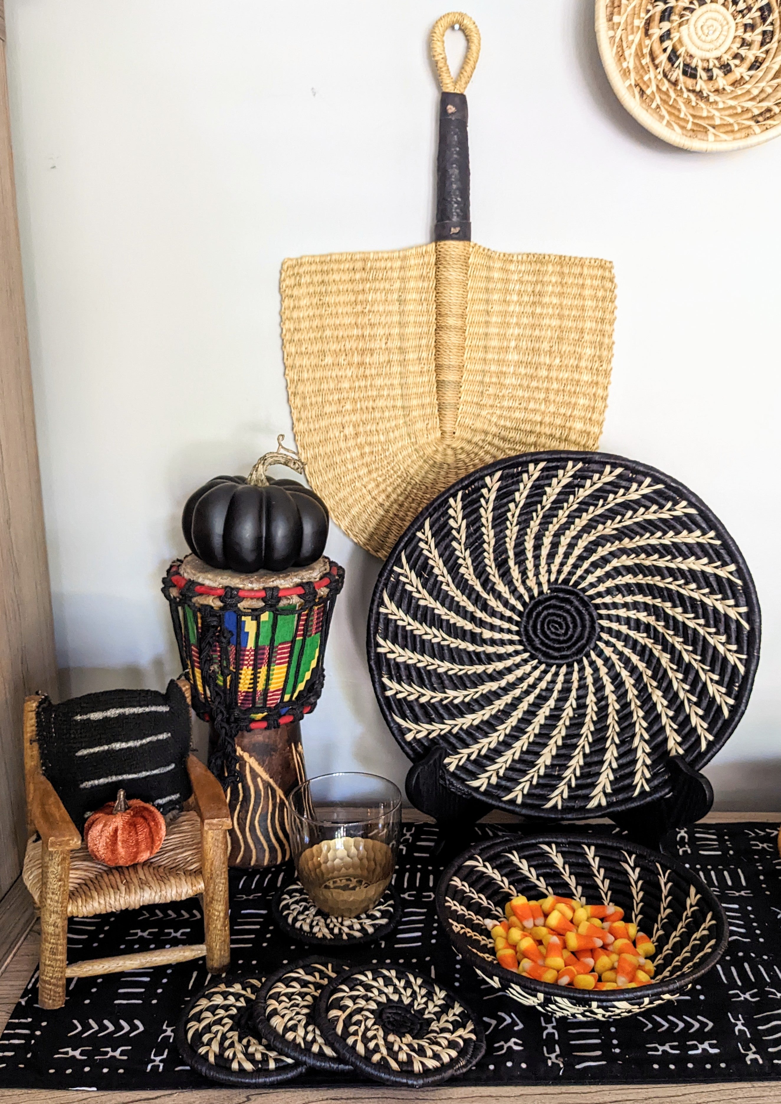 Black White Woven African Wall Storage Baskets Set of 2