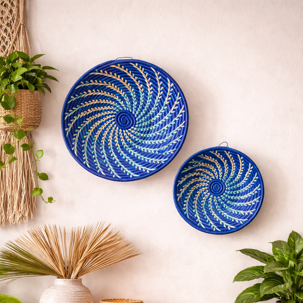 Blue White Woven African Wall Storage Baskets Set of 2