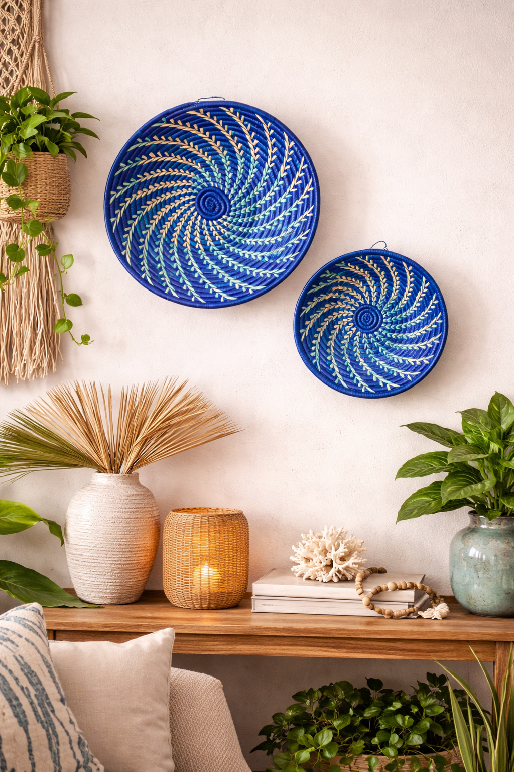 Blue White Woven African Wall Storage Baskets Set of 2