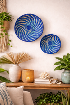 Blue White Woven African Wall Storage Baskets Set of 2