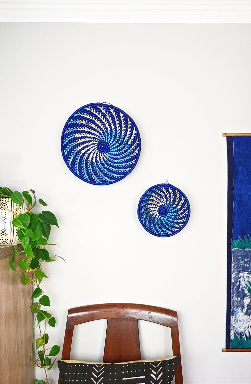 Blue White Woven African Wall Storage Baskets Set of 2