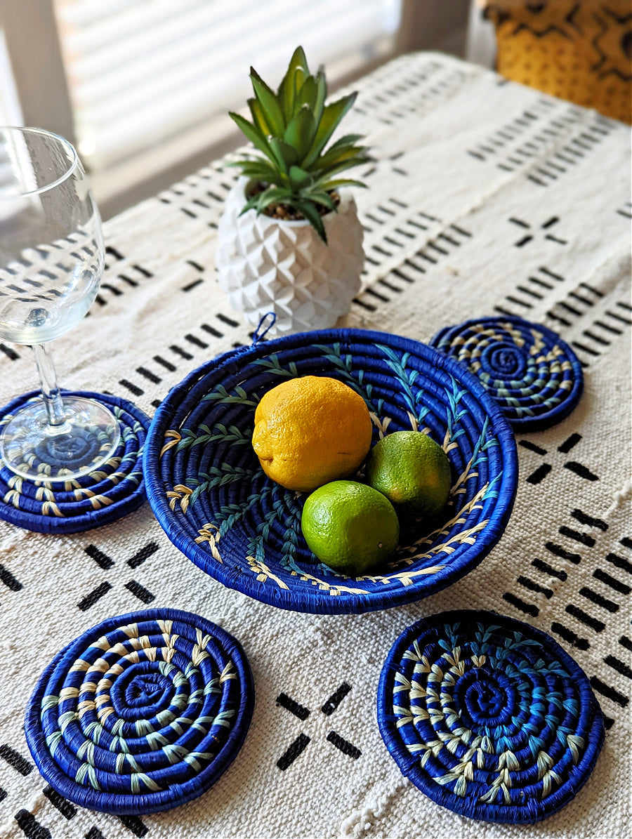 Blue White Woven African Wall Storage Baskets Set of 2