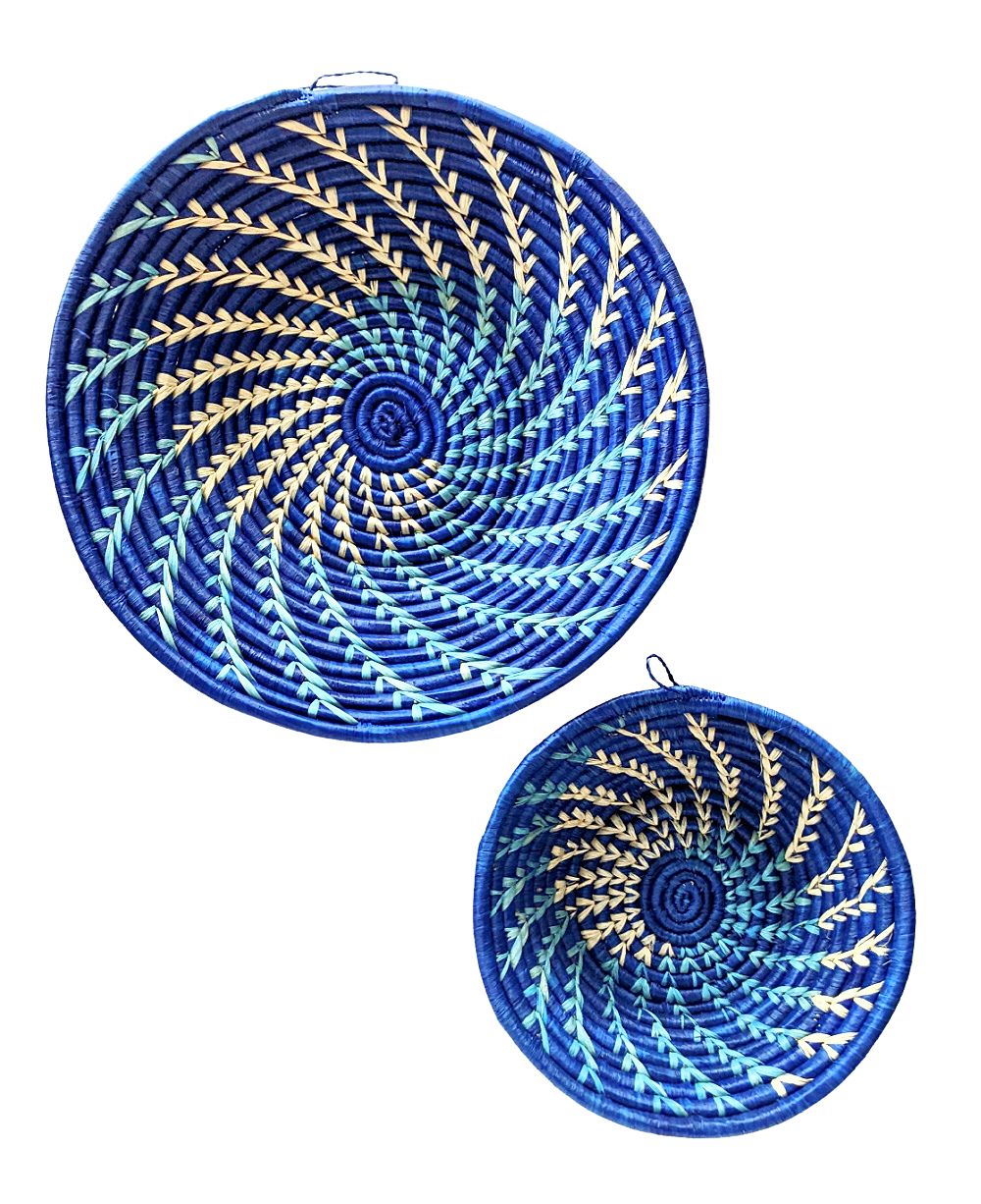 Blue White Woven African Wall Storage Baskets Set of 2