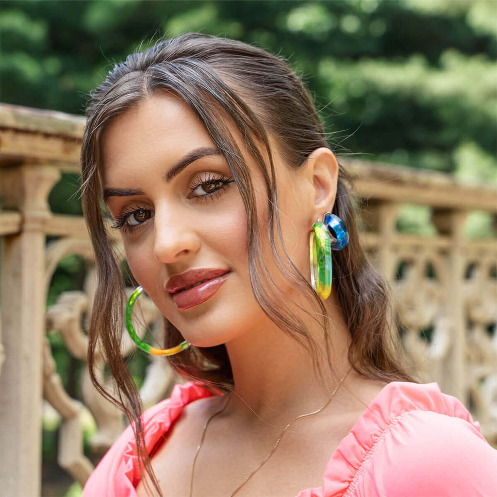 Tie Dye Lucite Hoops in Green & Yellow