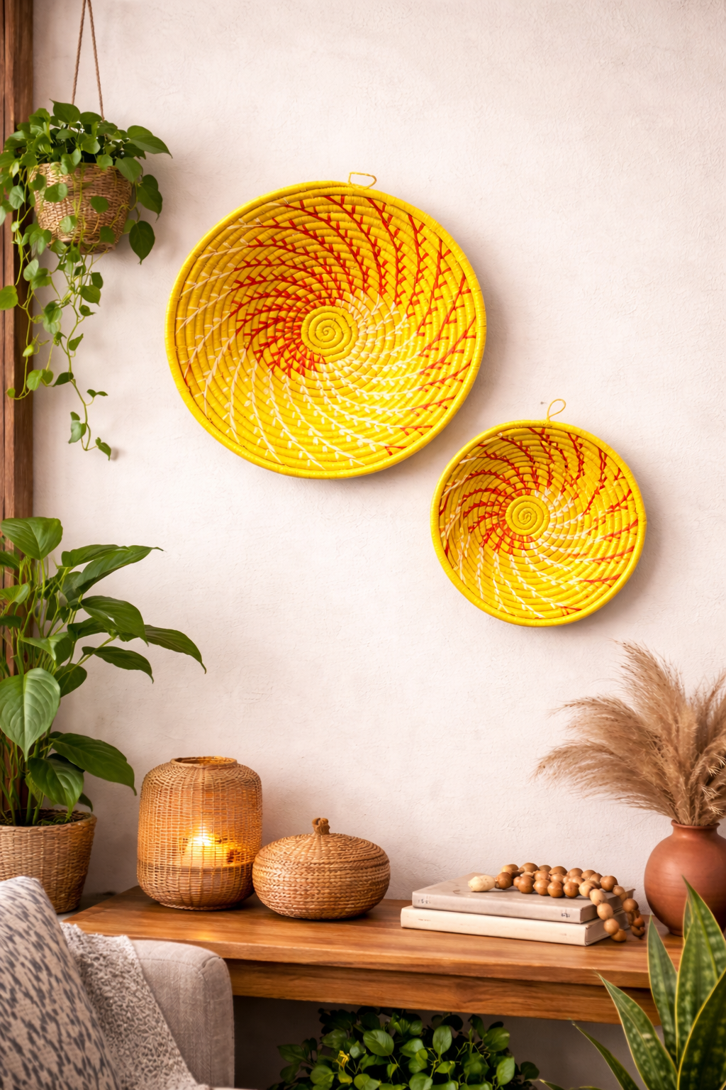 Yellow Woven African Wall Baskets Set of 2