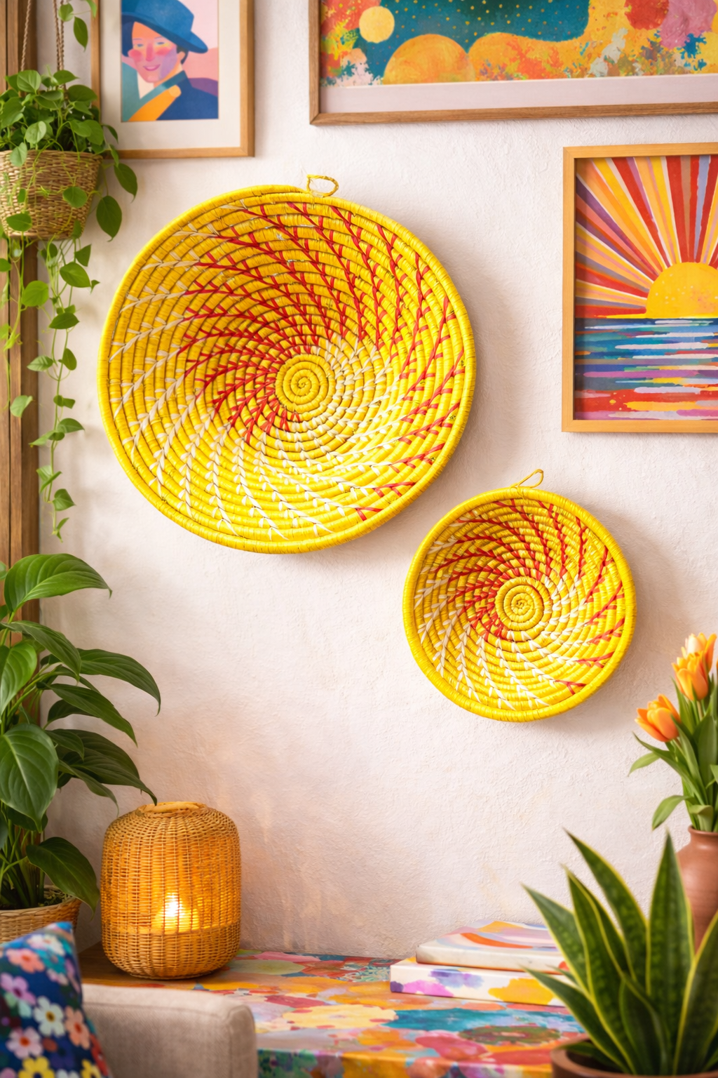 Yellow Woven African Wall Baskets Set of 2